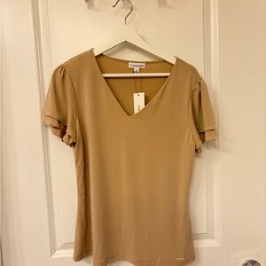Calvin Klein Women's Tan V-Neck Short Sleeve Blouse